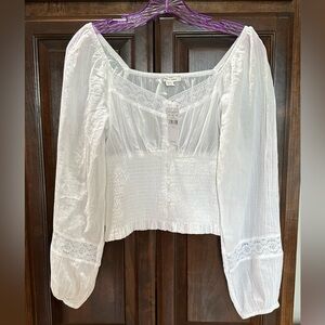 AE White Long-Sleeve Smocked Blouse ~ Size Small